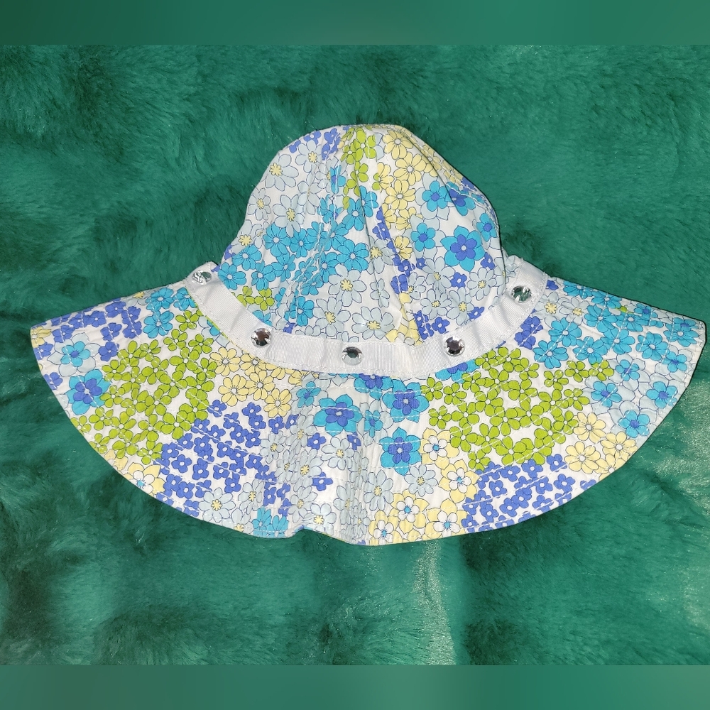 🌊 Vintage Gymboree Sea Splash Floral Print Sunhat Wide Brimmed Hat Girls 5-7 Yr